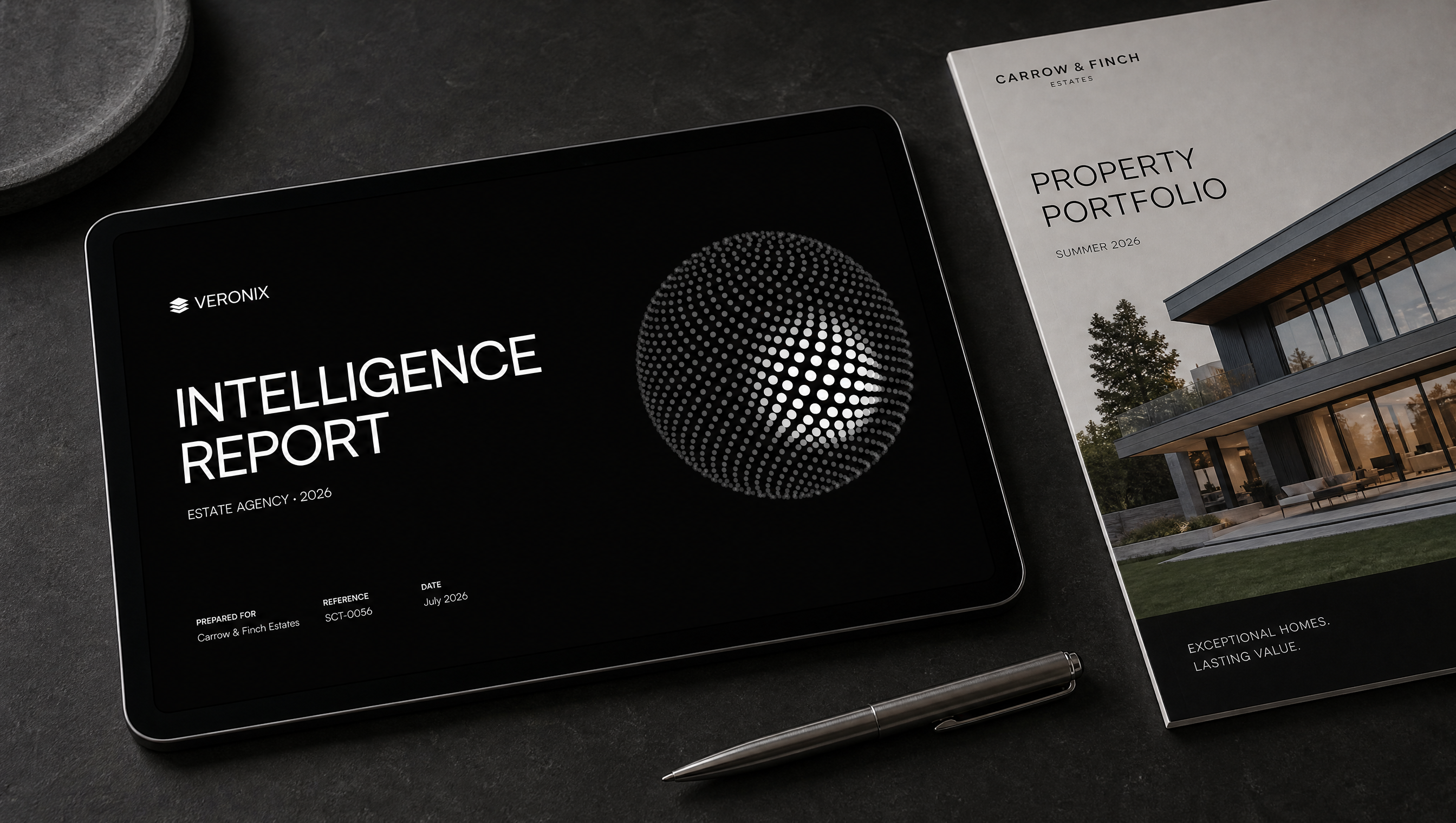 Veronix Operational Intelligence Report dossier on tablet beside printed client portfolio briefing